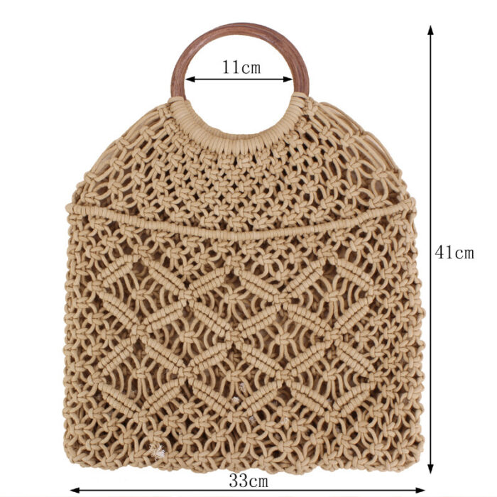 Popula Cotton Rope Hollow Straw Bag Sheer Macrame Tote wooden ring rattan handle Net Bag Vintage Retro Chic handbag - Image 2