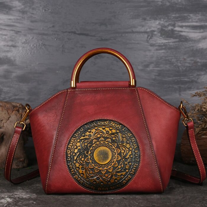 Genuine Embossed Leather Messenger Top Handle Bag Retro Handbag Totem Pattern High Quality Natural Skin Women Shoulder Tote Bags - Image 1