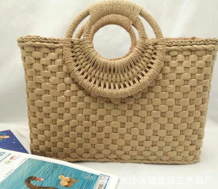 Wooden handle beach bag handbag - Image 2