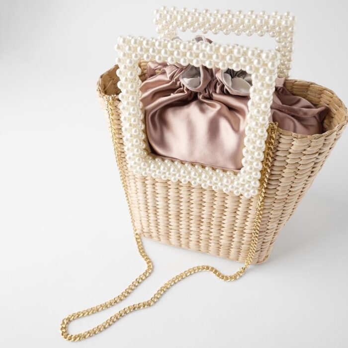 Cattail Woven Bag, Pearl Handle, Bead Handbag, Straw Woven Bag, Shoulder Diagonal Bag - Image 5