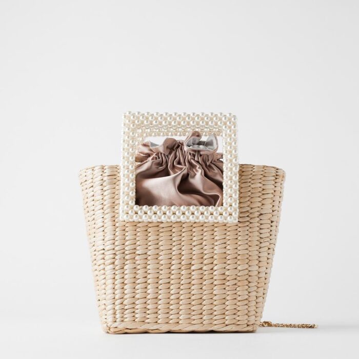 Cattail Woven Bag, Pearl Handle, Bead Handbag, Straw Woven Bag, Shoulder Diagonal Bag - Image 4