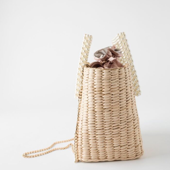Cattail Woven Bag, Pearl Handle, Bead Handbag, Straw Woven Bag, Shoulder Diagonal Bag - Image 3