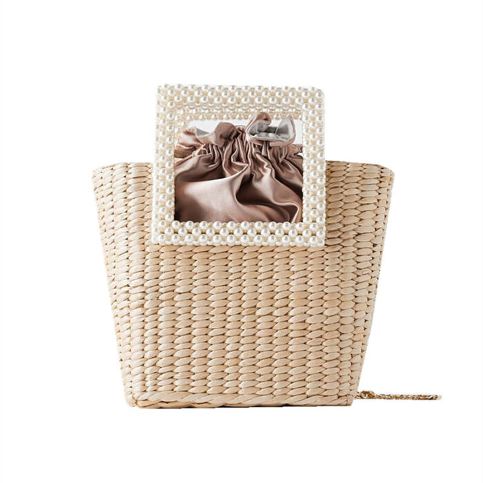 Cattail Woven Bag, Pearl Handle, Bead Handbag, Straw Woven Bag, Shoulder Diagonal Bag - Image 1