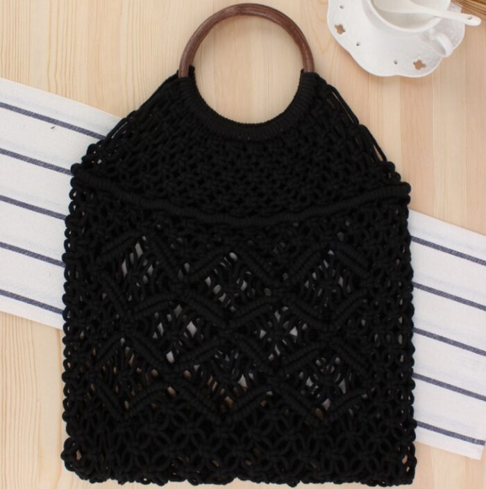 Popula Cotton Rope Hollow Straw Bag Sheer Macrame Tote wooden ring rattan handle Net Bag Vintage Retro Chic handbag - Image 4
