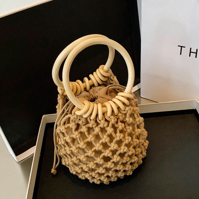 Woman Girl Fashion Woven Handbag Beach Style Wood Handle Drawstring Bucket Bag - Image 2