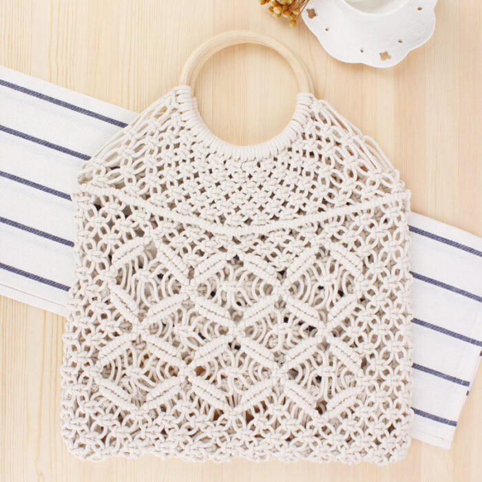 Popula Cotton Rope Hollow Straw Bag Sheer Macrame Tote wooden ring rattan handle Net Bag Vintage Retro Chic handbag - Image 8