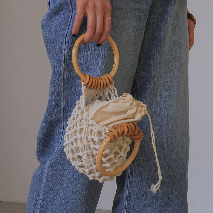 Woman Girl Fashion Woven Handbag Beach Style Wood Handle Drawstring Bucket Bag - Image 5