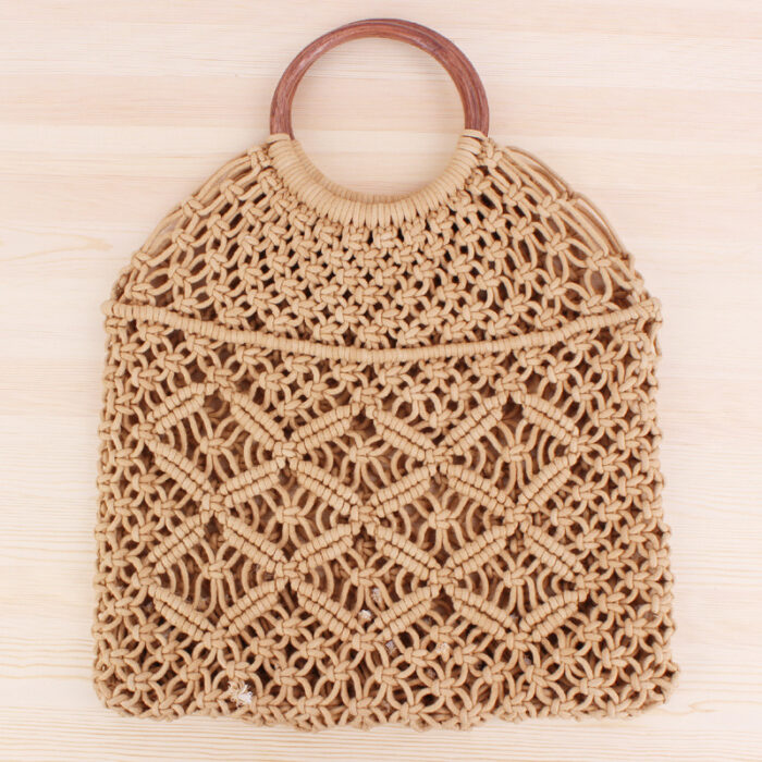 Popula Cotton Rope Hollow Straw Bag Sheer Macrame Tote wooden ring rattan handle Net Bag Vintage Retro Chic handbag - Image 6