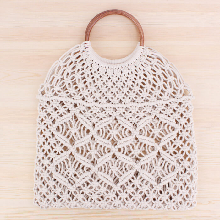 Popula Cotton Rope Hollow Straw Bag Sheer Macrame Tote wooden ring rattan handle Net Bag Vintage Retro Chic handbag - Image 7