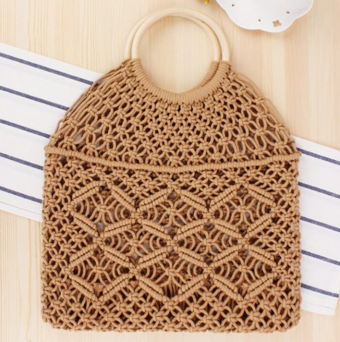 Popula Cotton Rope Hollow Straw Bag Sheer Macrame Tote wooden ring rattan handle Net Bag Vintage Retro Chic handbag - Image 3