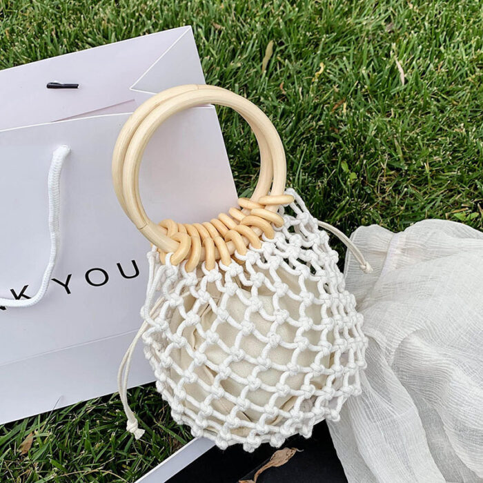 Woman Girl Fashion Woven Handbag Beach Style Wood Handle Drawstring Bucket Bag - Image 4