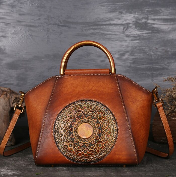 Genuine Embossed Leather Messenger Top Handle Bag Retro Handbag Totem Pattern High Quality Natural Skin Women Shoulder Tote Bags - Image 6
