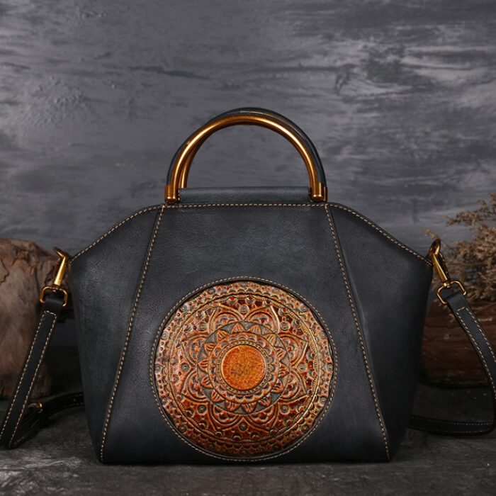 Genuine Embossed Leather Messenger Top Handle Bag Retro Handbag Totem Pattern High Quality Natural Skin Women Shoulder Tote Bags - Image 5