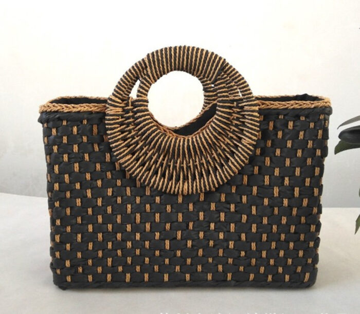 Wooden handle beach bag handbag - Image 1