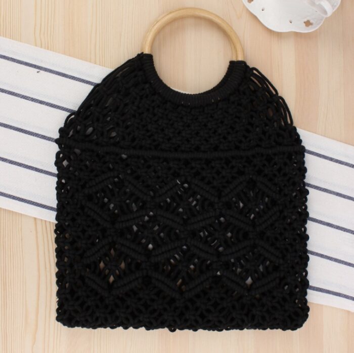 Popula Cotton Rope Hollow Straw Bag Sheer Macrame Tote wooden ring rattan handle Net Bag Vintage Retro Chic handbag - Image 5