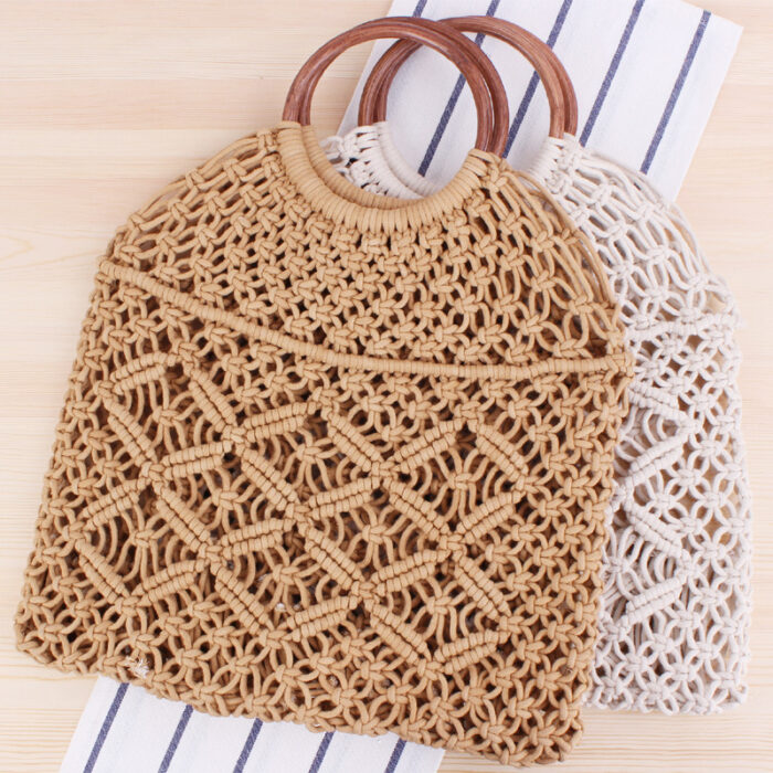 Popula Cotton Rope Hollow Straw Bag Sheer Macrame Tote wooden ring rattan handle Net Bag Vintage Retro Chic handbag - Image 1
