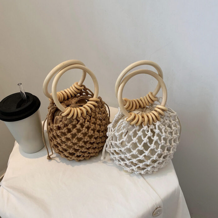 Woman Girl Fashion Woven Handbag Beach Style Wood Handle Drawstring Bucket Bag - Image 1