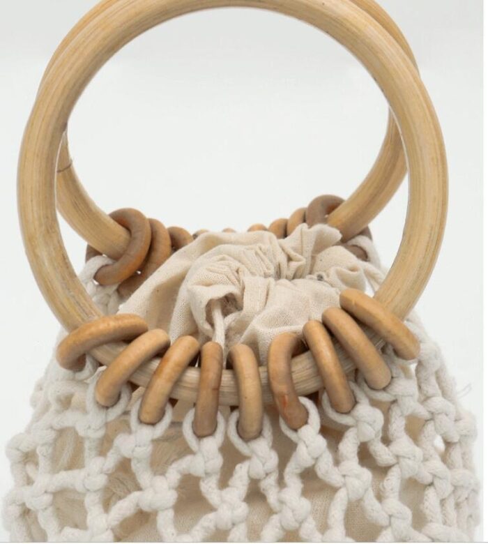 Woman Girl Fashion Woven Handbag Beach Style Wood Handle Drawstring Bucket Bag - Image 3
